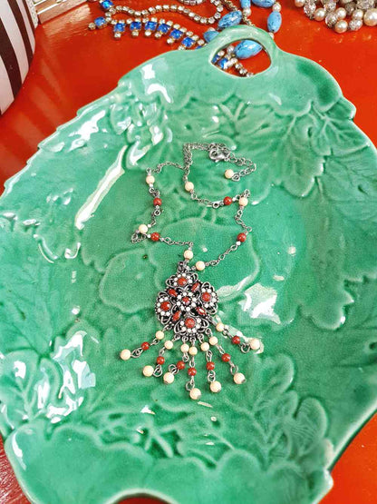 Vintage 90s Boho Bead Filigree Pendant Necklace Bohemian