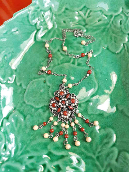 Vintage 90s Boho Bead Filigree Pendant Necklace Bohemian