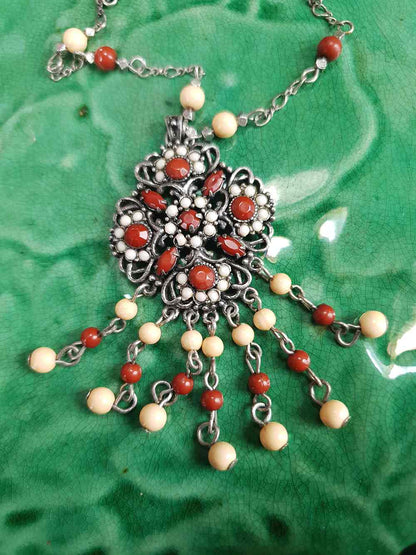 Vintage 90s Boho Bead Filigree Pendant Necklace Bohemian