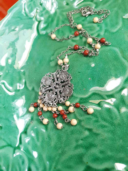 Vintage 90s Boho Bead Filigree Pendant Necklace Bohemian