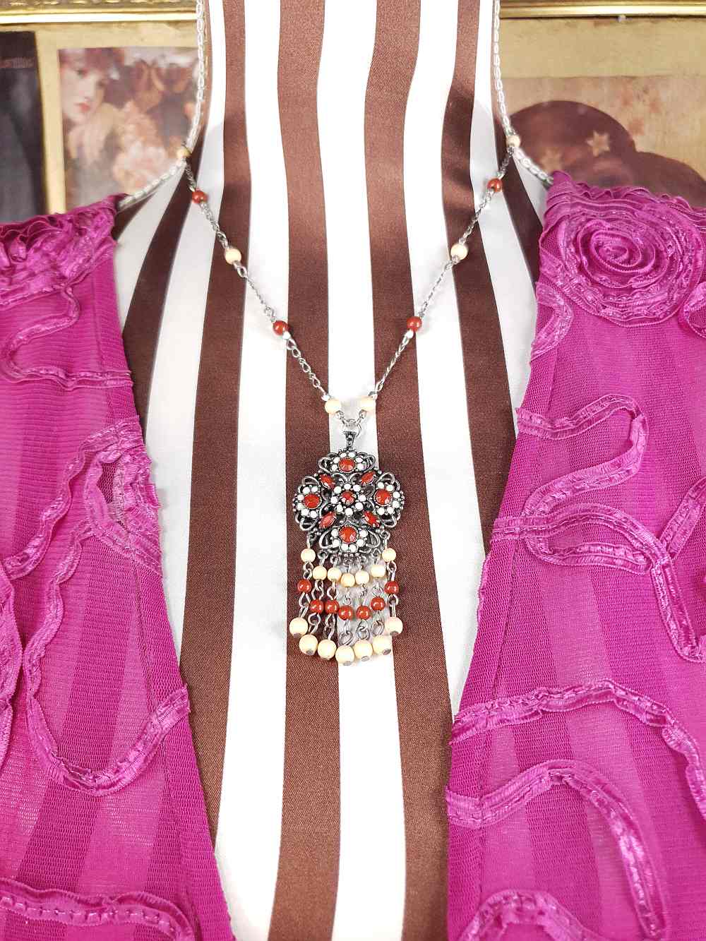 Vintage 90s Boho Bead Filigree Pendant Necklace Bohemian