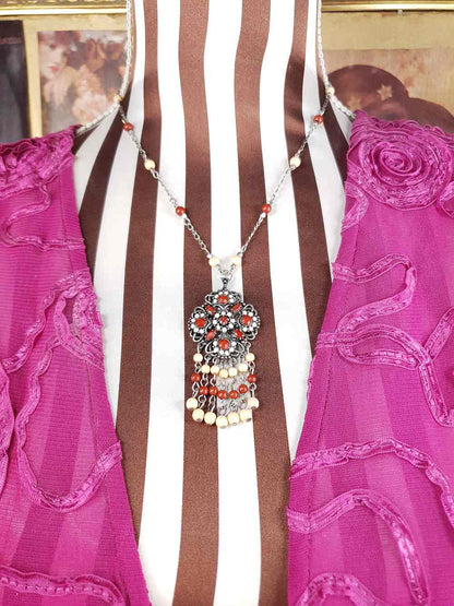 Vintage 90s Boho Bead Filigree Pendant Necklace Bohemian