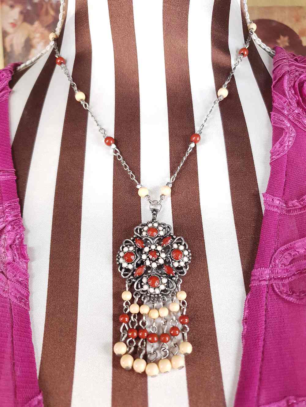 Vintage 90s Boho Bead Filigree Pendant Necklace Bohemian