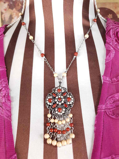 Vintage 90s Boho Bead Filigree Pendant Necklace Bohemian