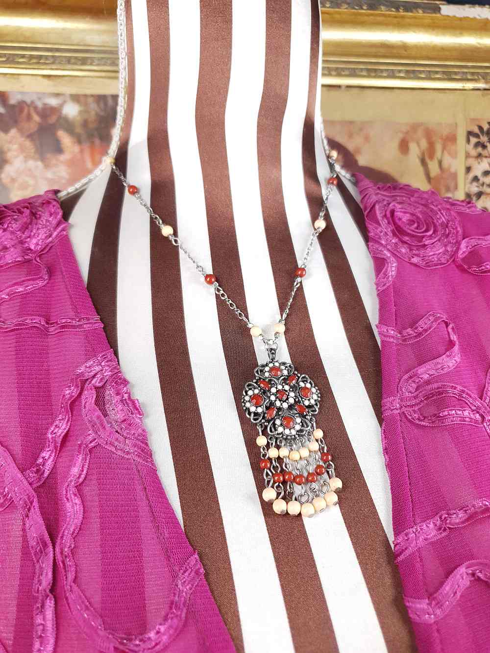 Vintage 90s Boho Bead Filigree Pendant Necklace Bohemian