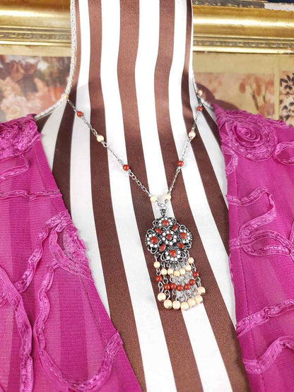 Vintage 90s Boho Bead Filigree Pendant Necklace Bohemian