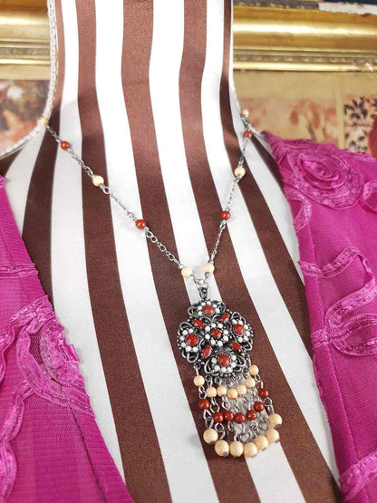 Vintage 90s Boho Bead Filigree Pendant Necklace Bohemian