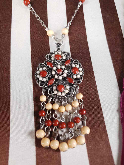 Vintage 90s Boho Bead Filigree Pendant Necklace Bohemian