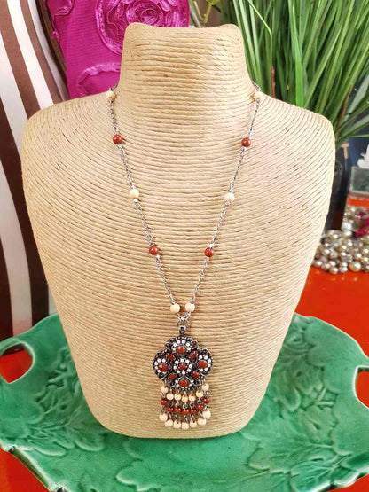 Vintage 90s Boho Bead Filigree Pendant Necklace Bohemian