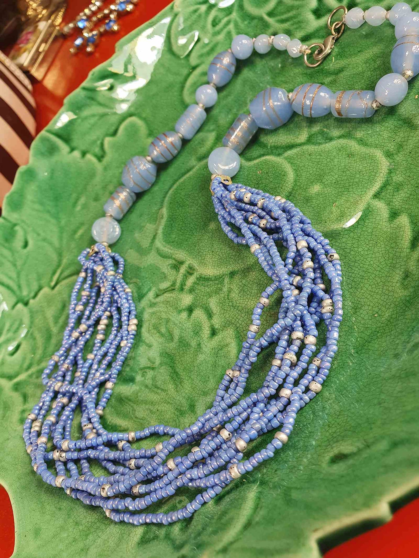 Vintage 90s Purple Lilac Art Glass Bead Necklace