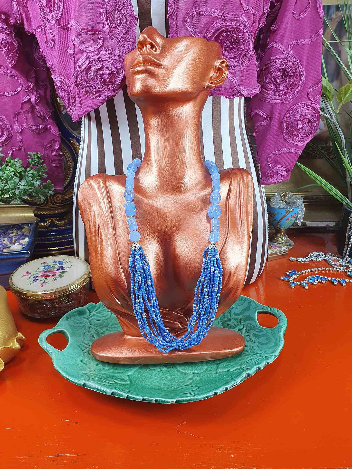 Vintage 90s Purple Lilac Art Glass Bead Necklace