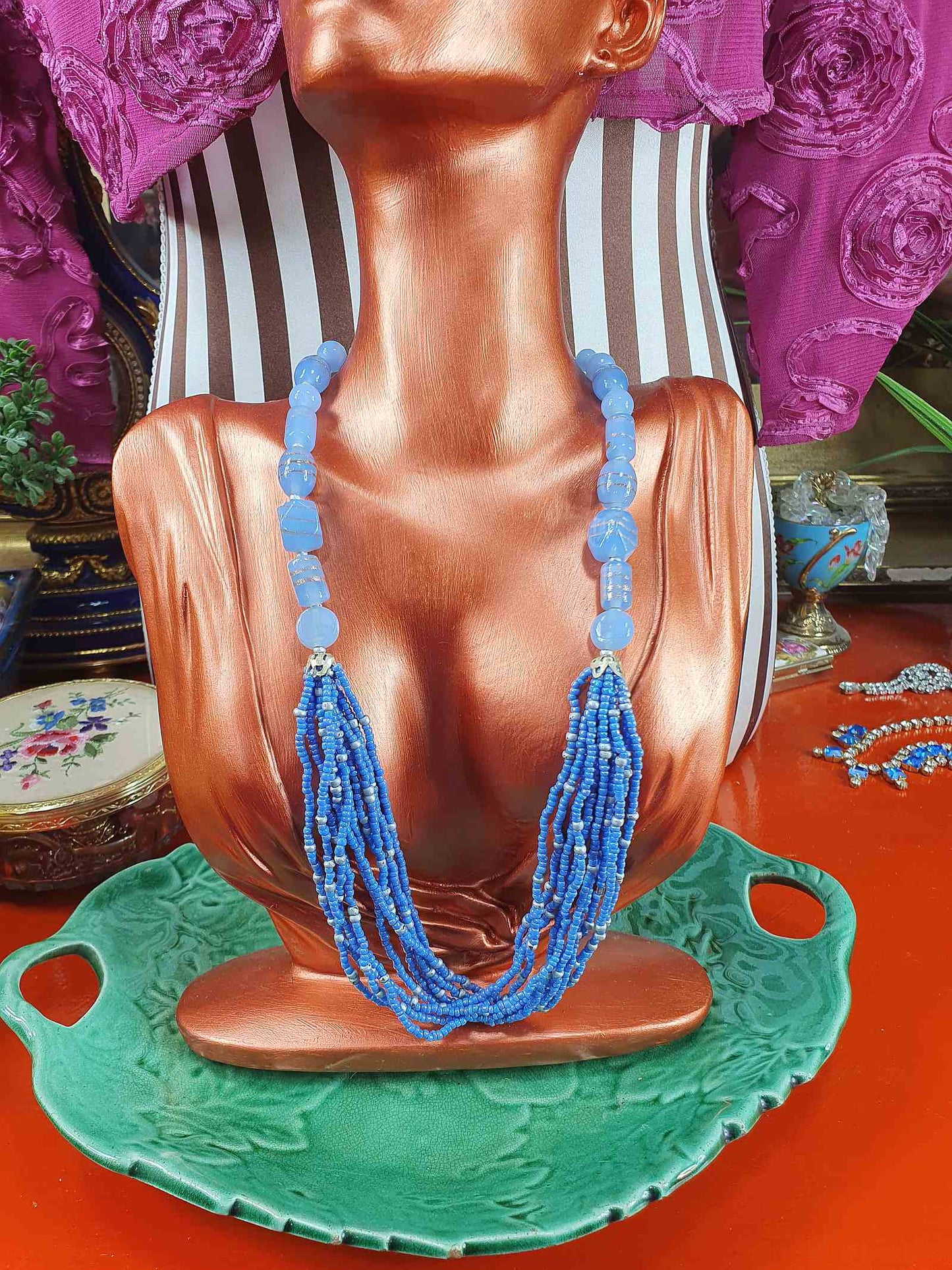 Vintage 90s Purple Lilac Art Glass Bead Necklace