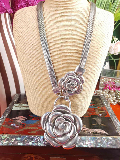 Vintage 90s Rose Statement Necklace Antiqued Silver Tone