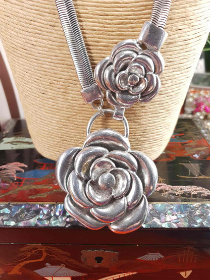 Vintage 90s Rose Statement Necklace Antiqued Silver Tone