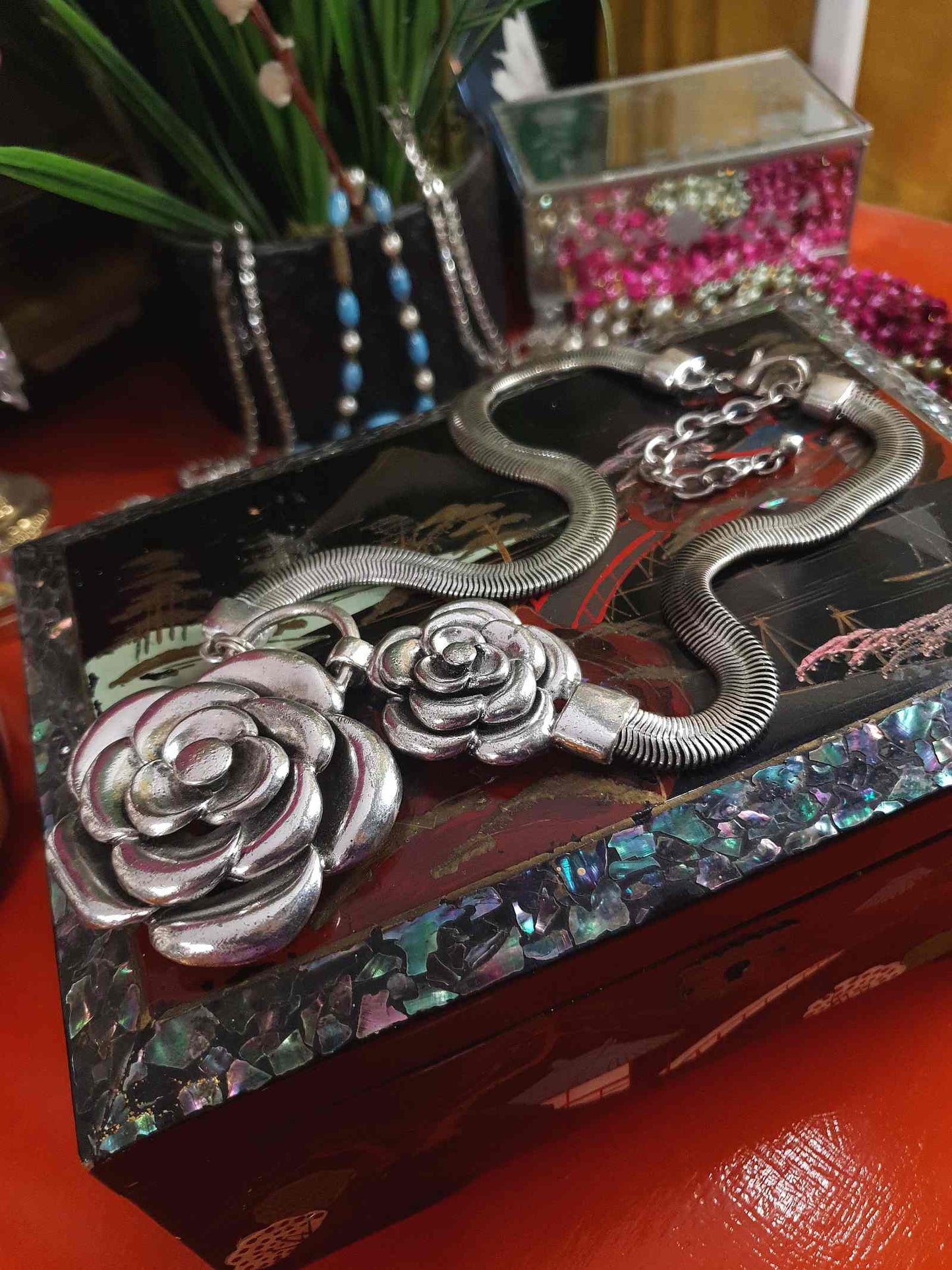 Vintage 90s Rose Statement Necklace Antiqued Silver Tone