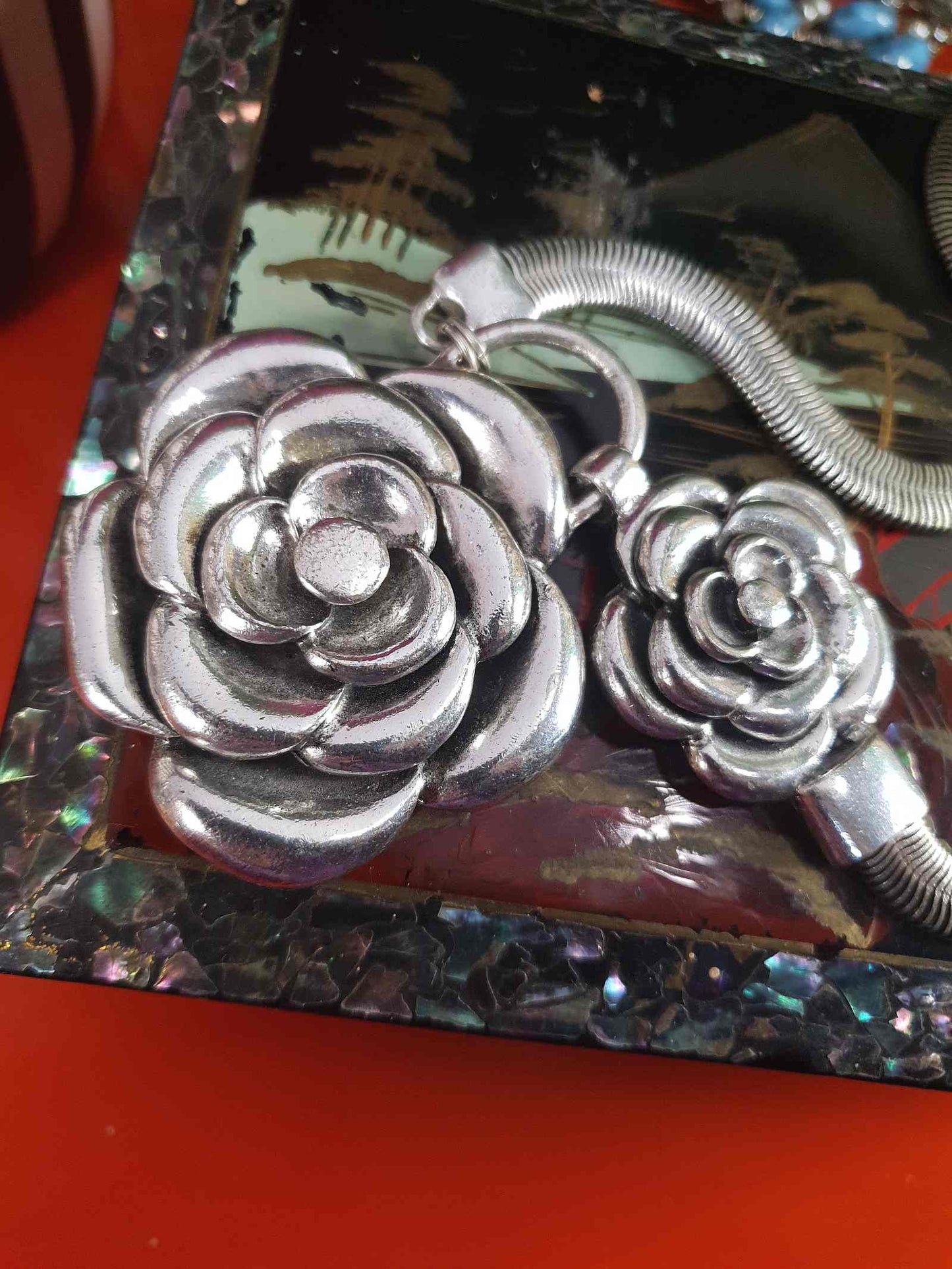 Vintage 90s Rose Statement Necklace Antiqued Silver Tone