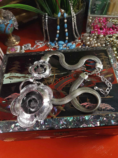Vintage 90s Rose Statement Necklace Antiqued Silver Tone