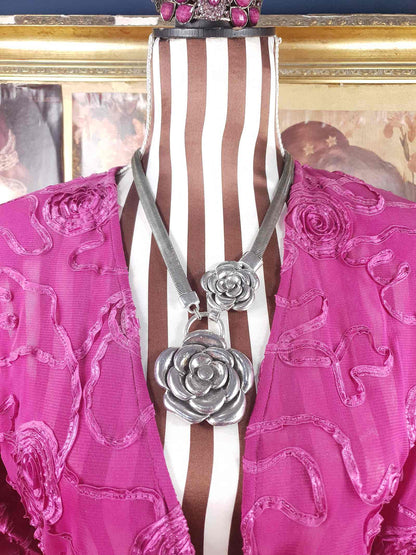 Vintage 90s Rose Statement Necklace Antiqued Silver Tone