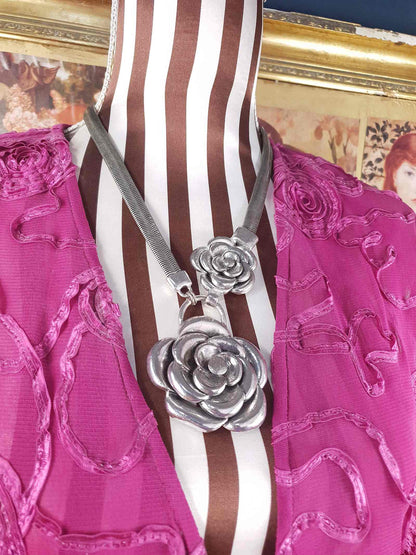 Vintage 90s Rose Statement Necklace Antiqued Silver Tone