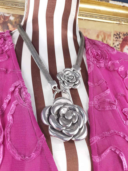 Vintage 90s Rose Statement Necklace Antiqued Silver Tone