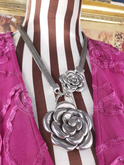 Vintage 90s Rose Statement Necklace Antiqued Silver Tone