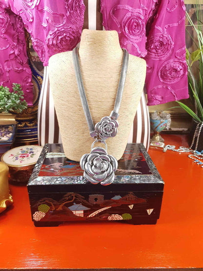 Vintage 90s Rose Statement Necklace Antiqued Silver Tone