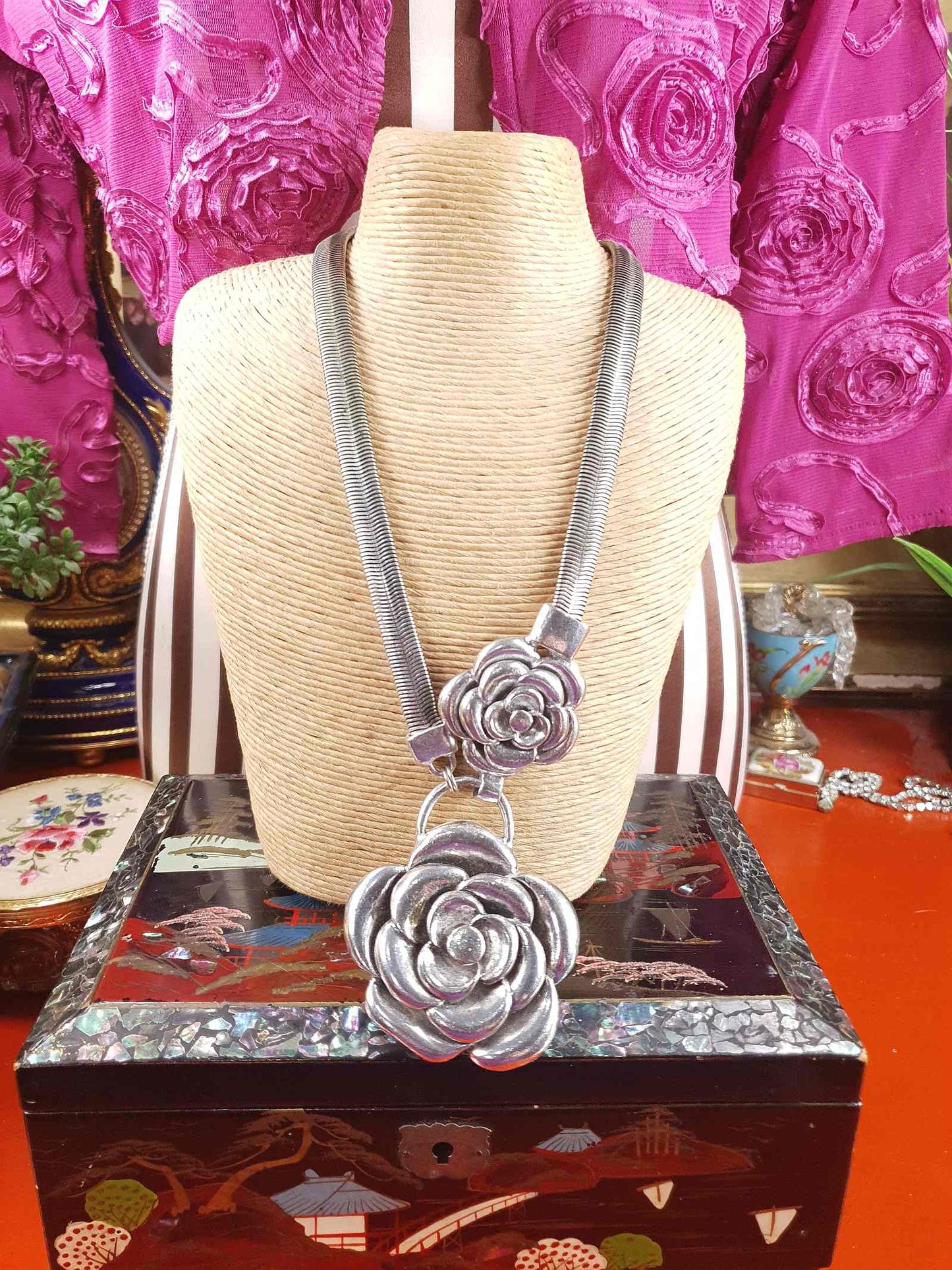 Vintage 90s Rose Statement Necklace Antiqued Silver Tone