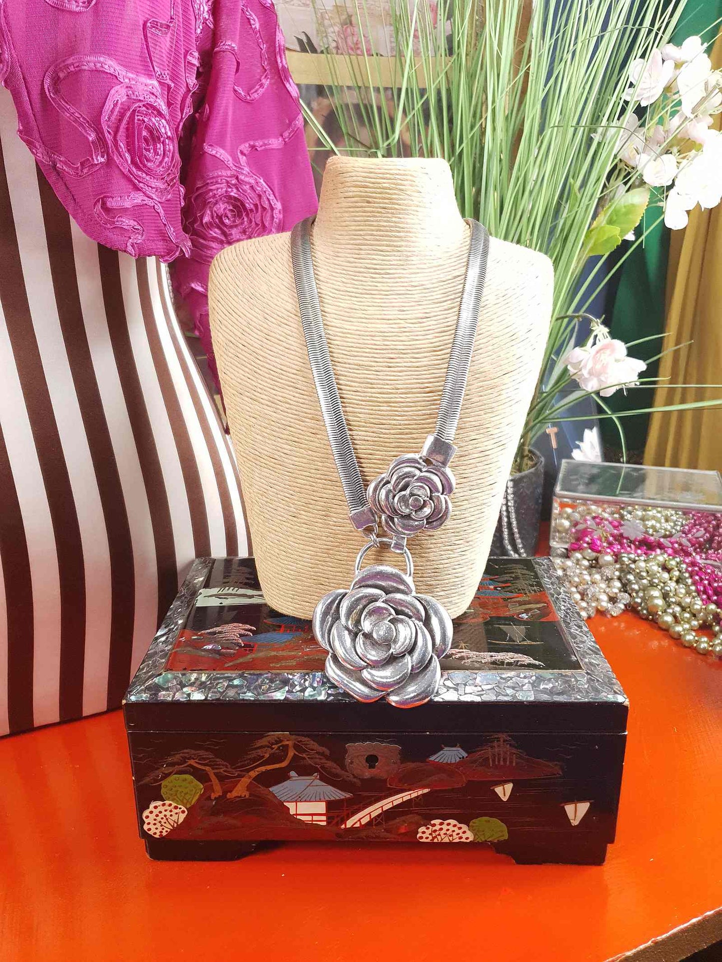 Vintage 90s Rose Statement Necklace Antiqued Silver Tone