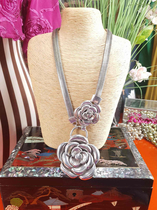 Vintage 90s Rose Statement Necklace Antiqued Silver Tone