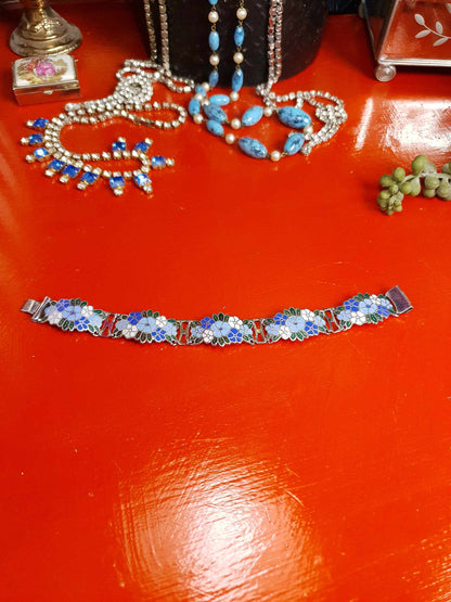 Vintage 1980s Blue Floral Cloisonne Bracelet Flower
