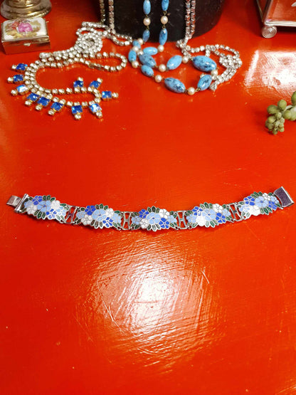 Vintage 1980s Blue Floral Cloisonne Bracelet Flower