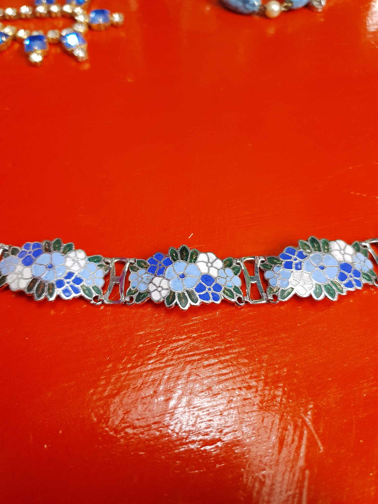 Vintage 1980s Blue Floral Cloisonne Bracelet Flower