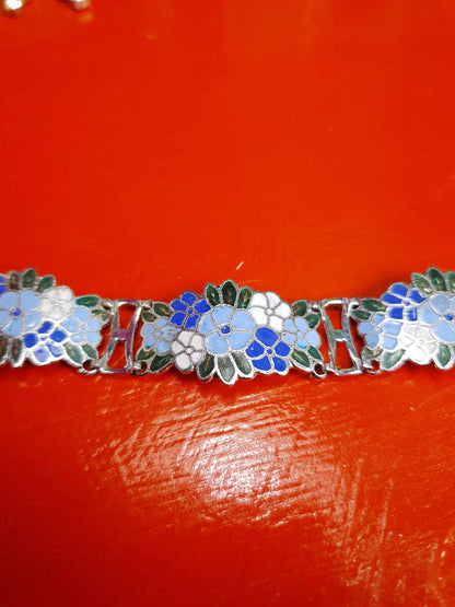 Vintage 1980s Blue Floral Cloisonne Bracelet Flower