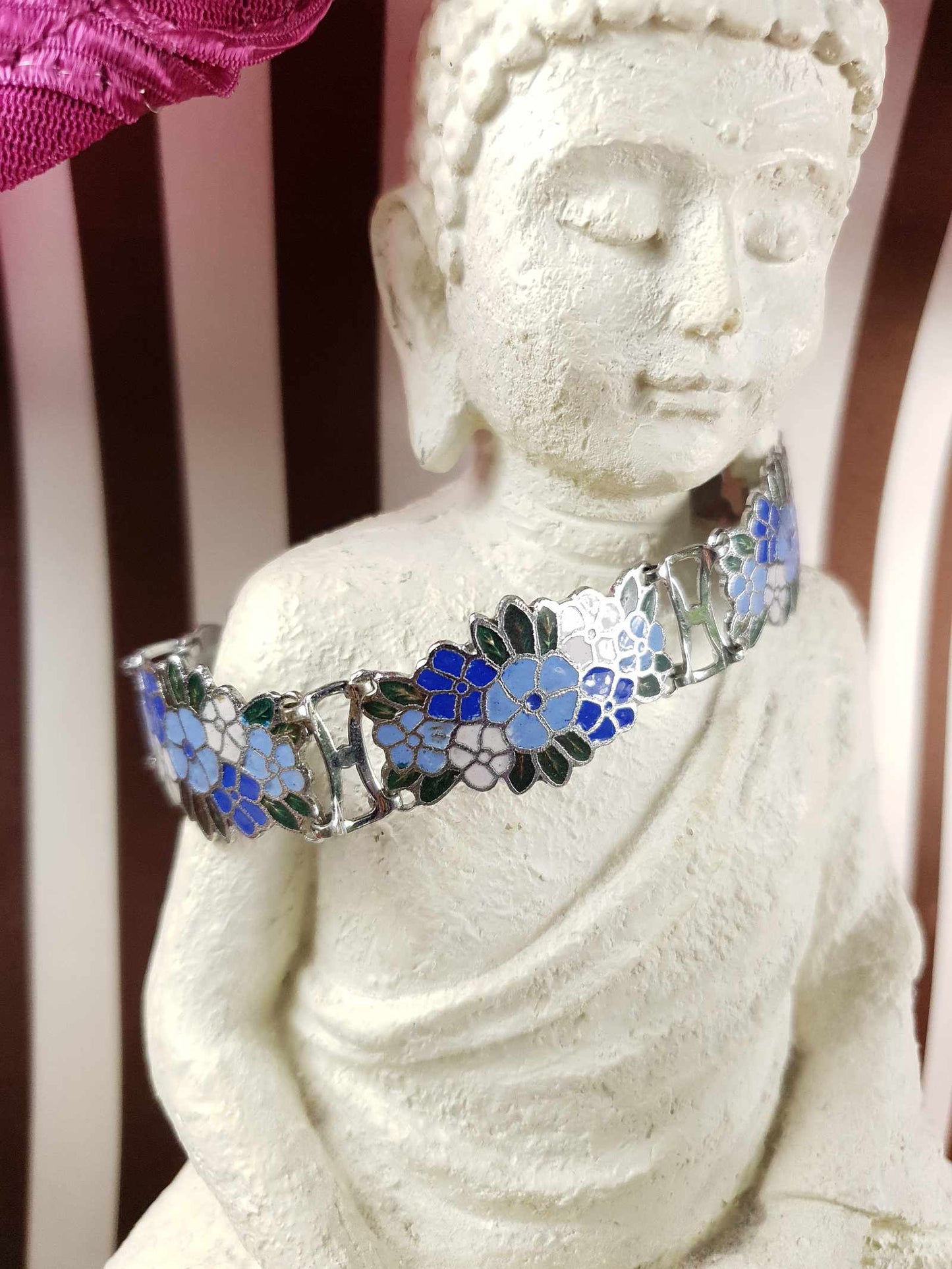 Vintage 1980s Blue Floral Cloisonne Bracelet Flower