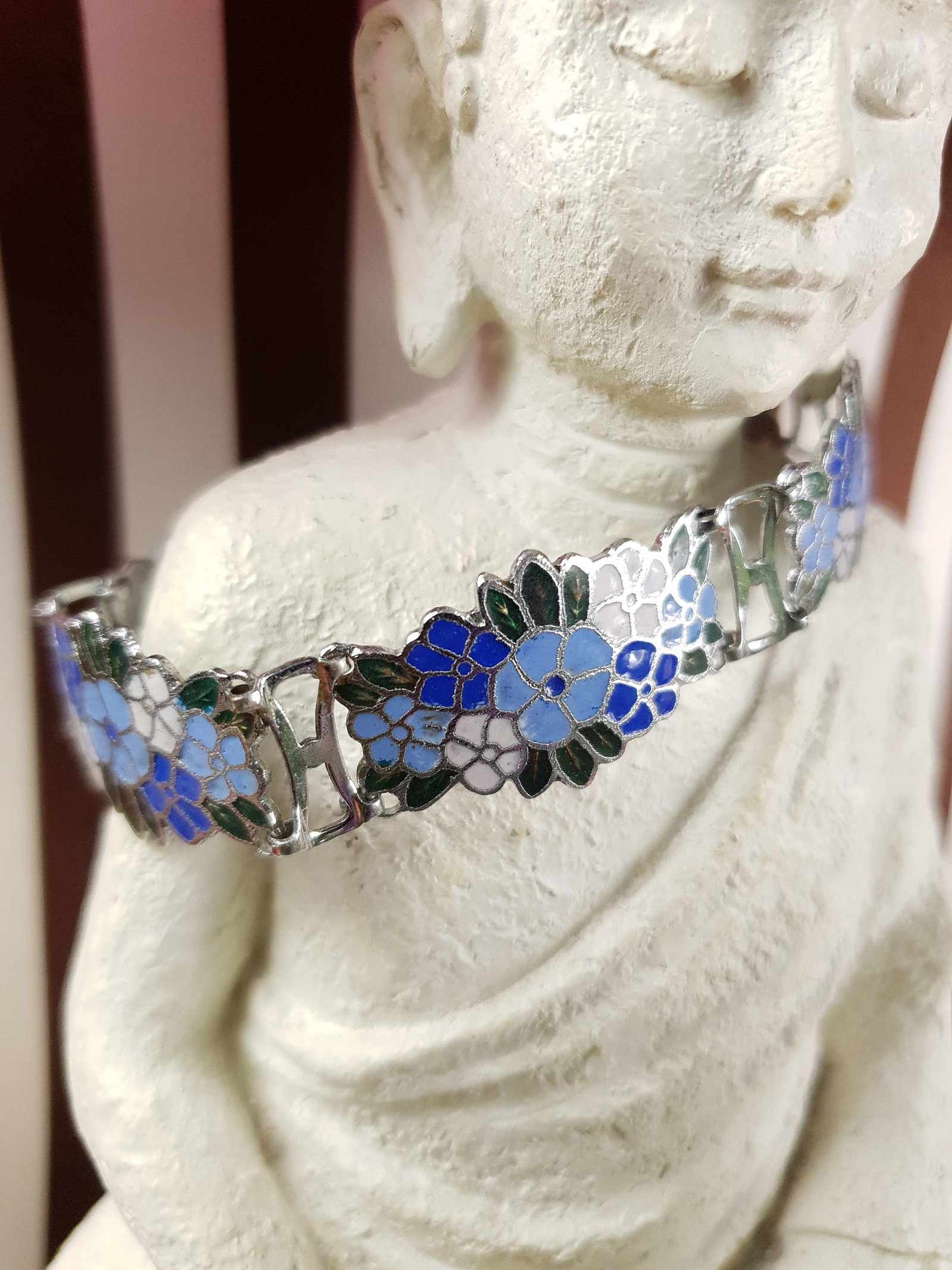 Vintage 1980s Blue Floral Cloisonne Bracelet Flower