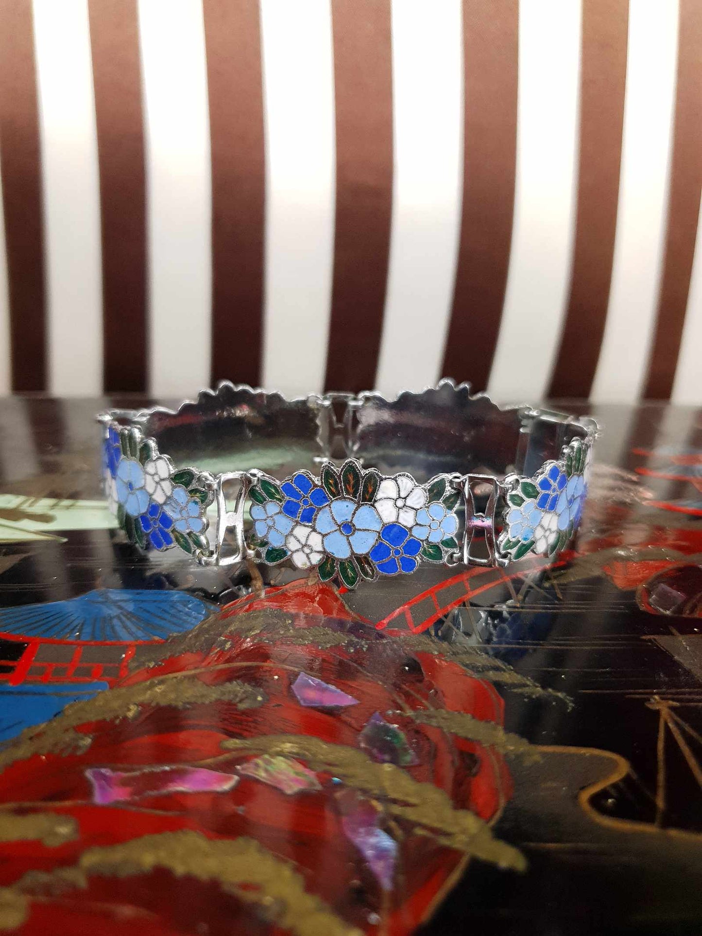 Vintage 1980s Blue Floral Cloisonne Bracelet Flower