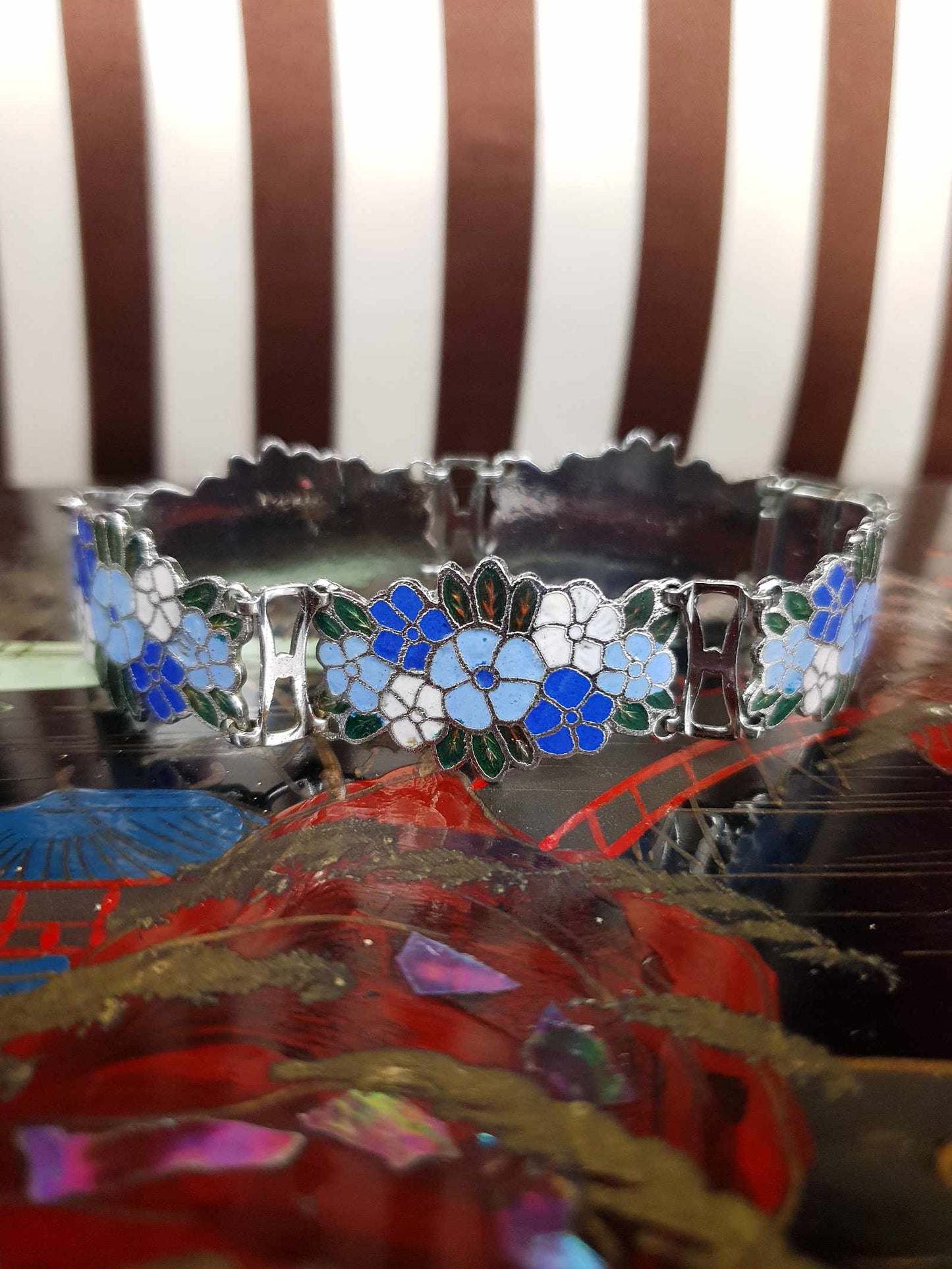 Vintage 1980s Blue Floral Cloisonne Bracelet Flower