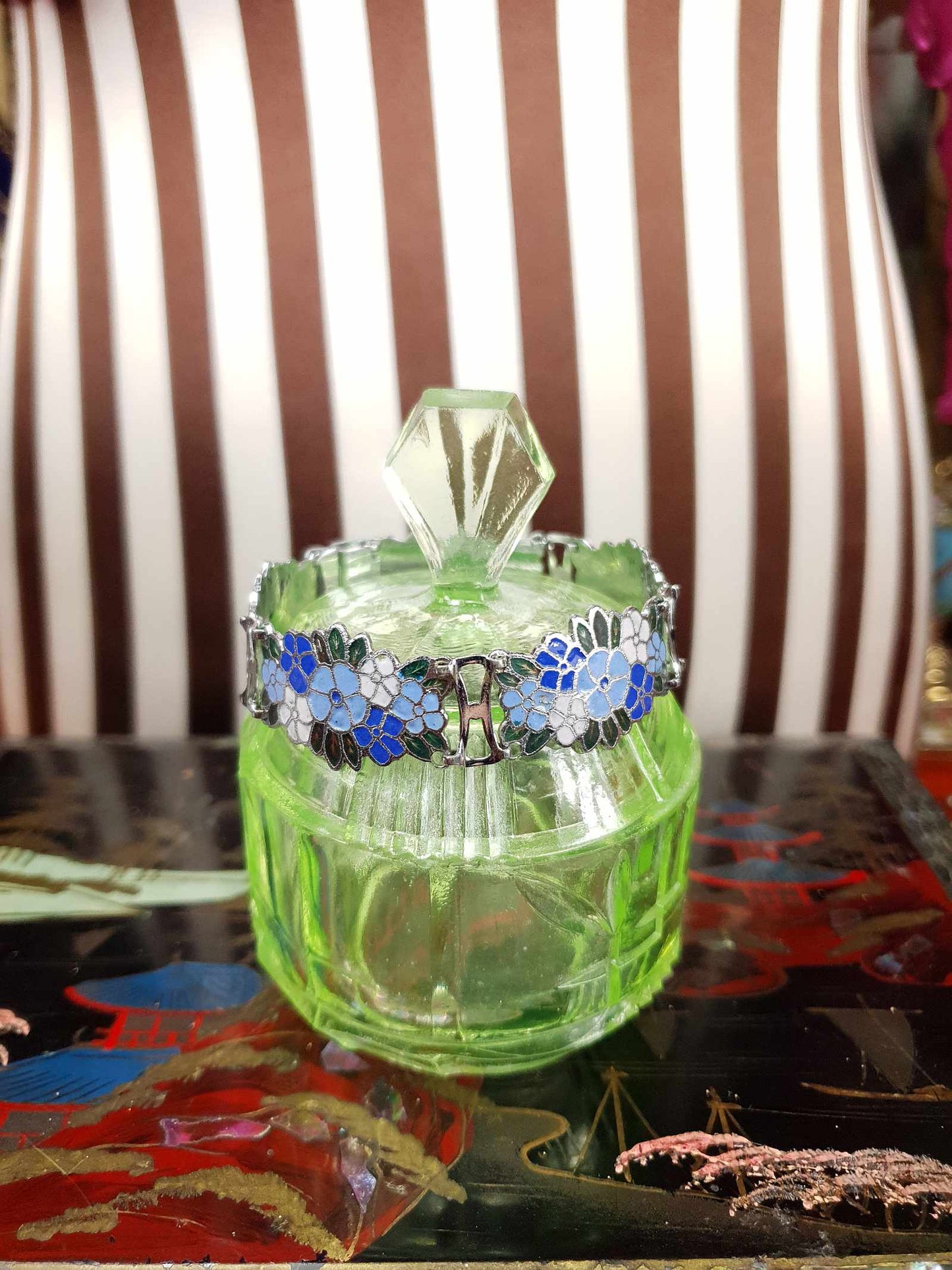 Vintage 1980s Blue Floral Cloisonne Bracelet Flower