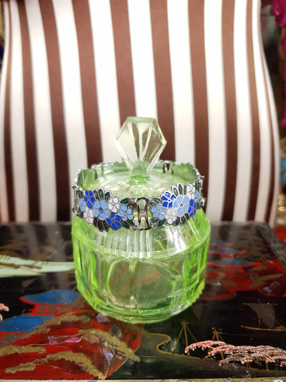 Vintage 1980s Blue Floral Cloisonne Bracelet Flower