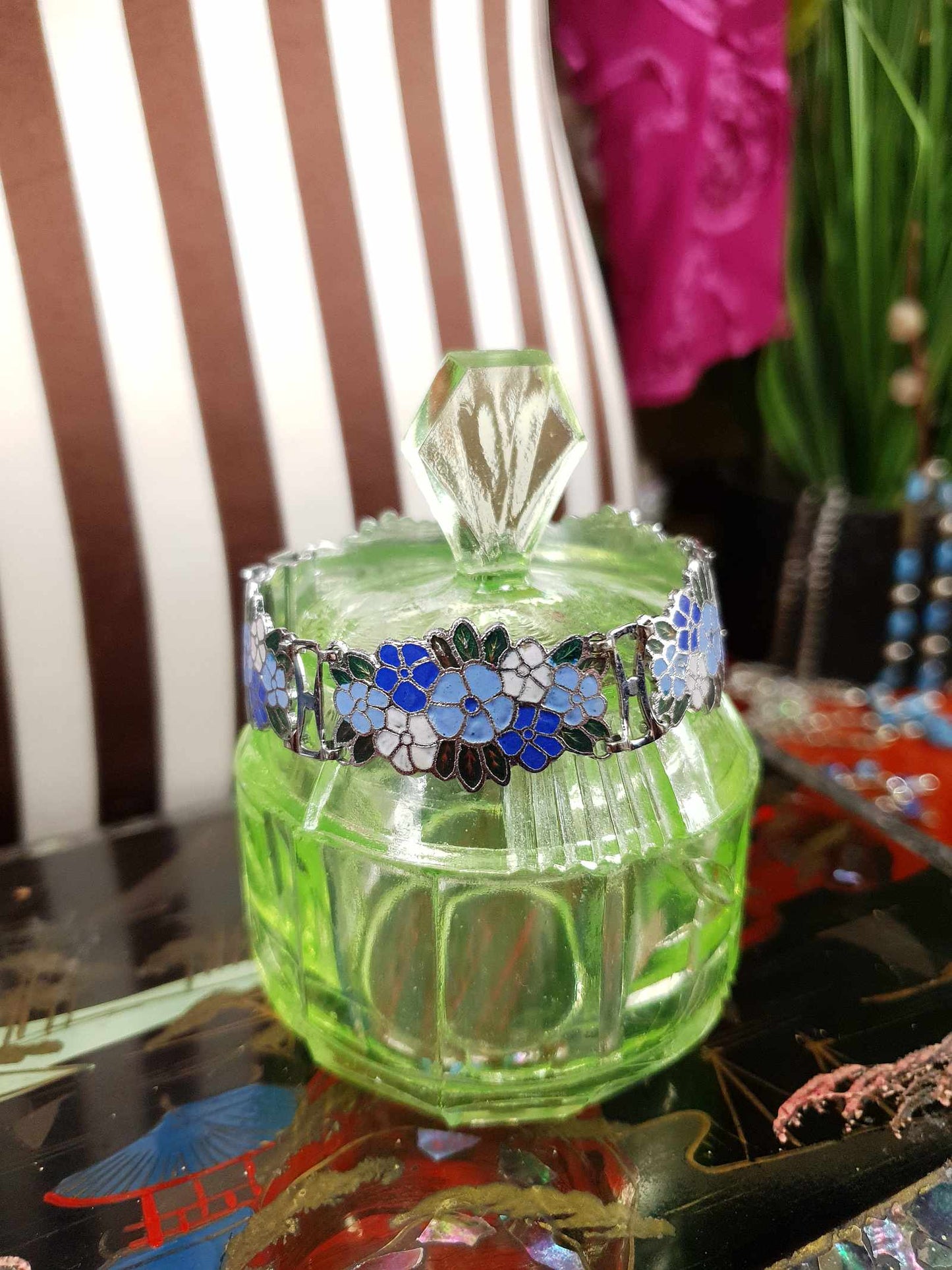 Vintage 1980s Blue Floral Cloisonne Bracelet Flower