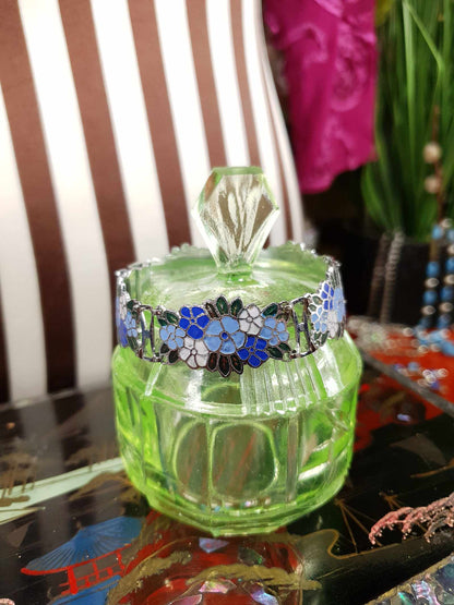 Vintage 1980s Blue Floral Cloisonne Bracelet Flower