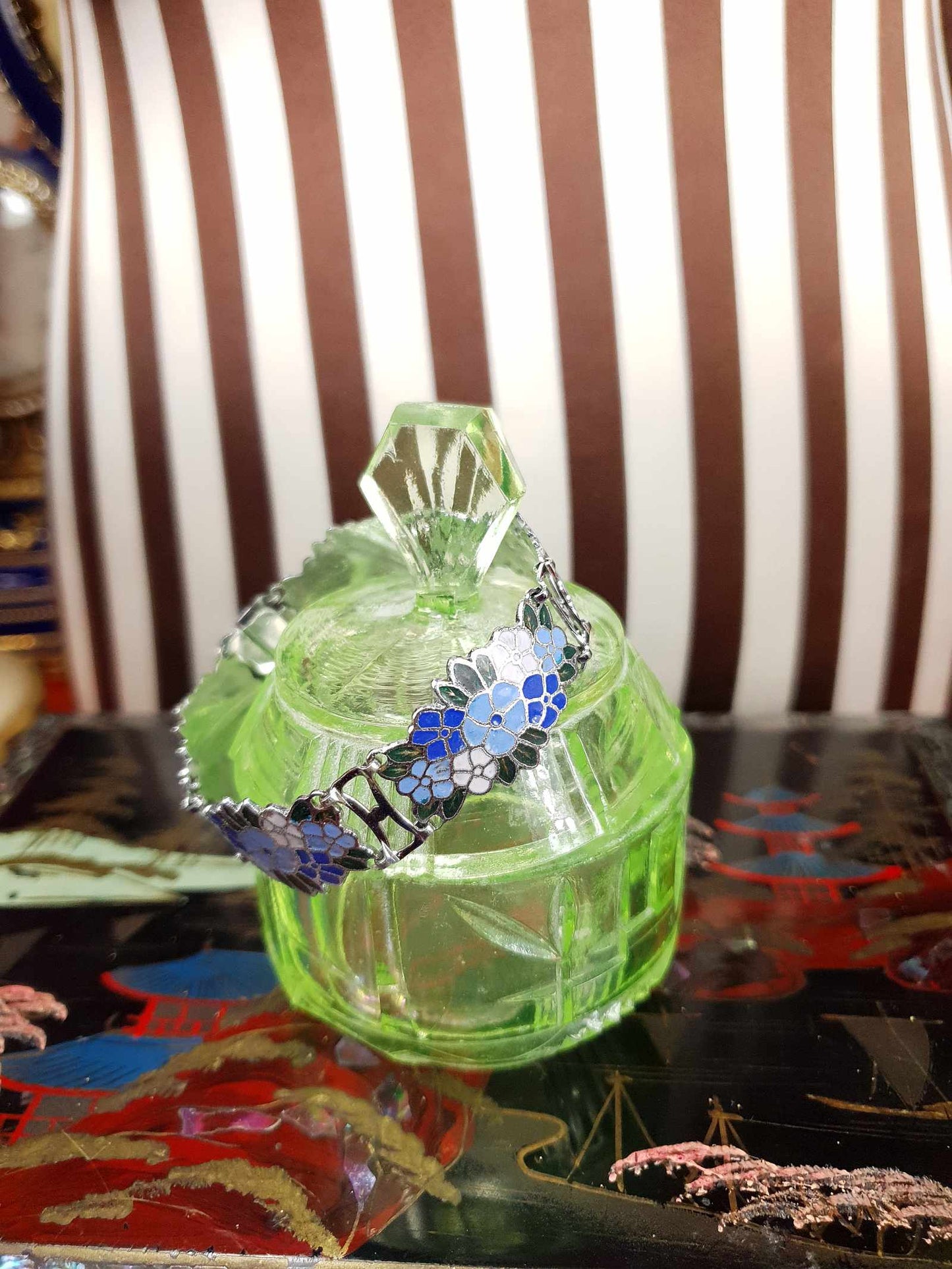 Vintage 1980s Blue Floral Cloisonne Bracelet Flower