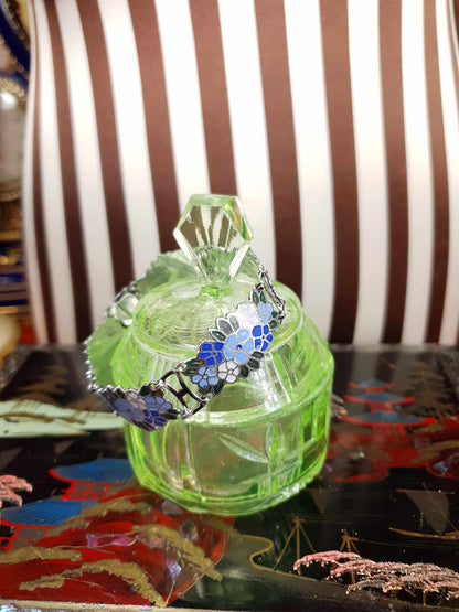 Vintage 1980s Blue Floral Cloisonne Bracelet Flower