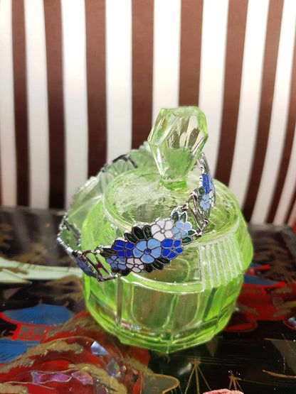 Vintage 1980s Blue Floral Cloisonne Bracelet Flower