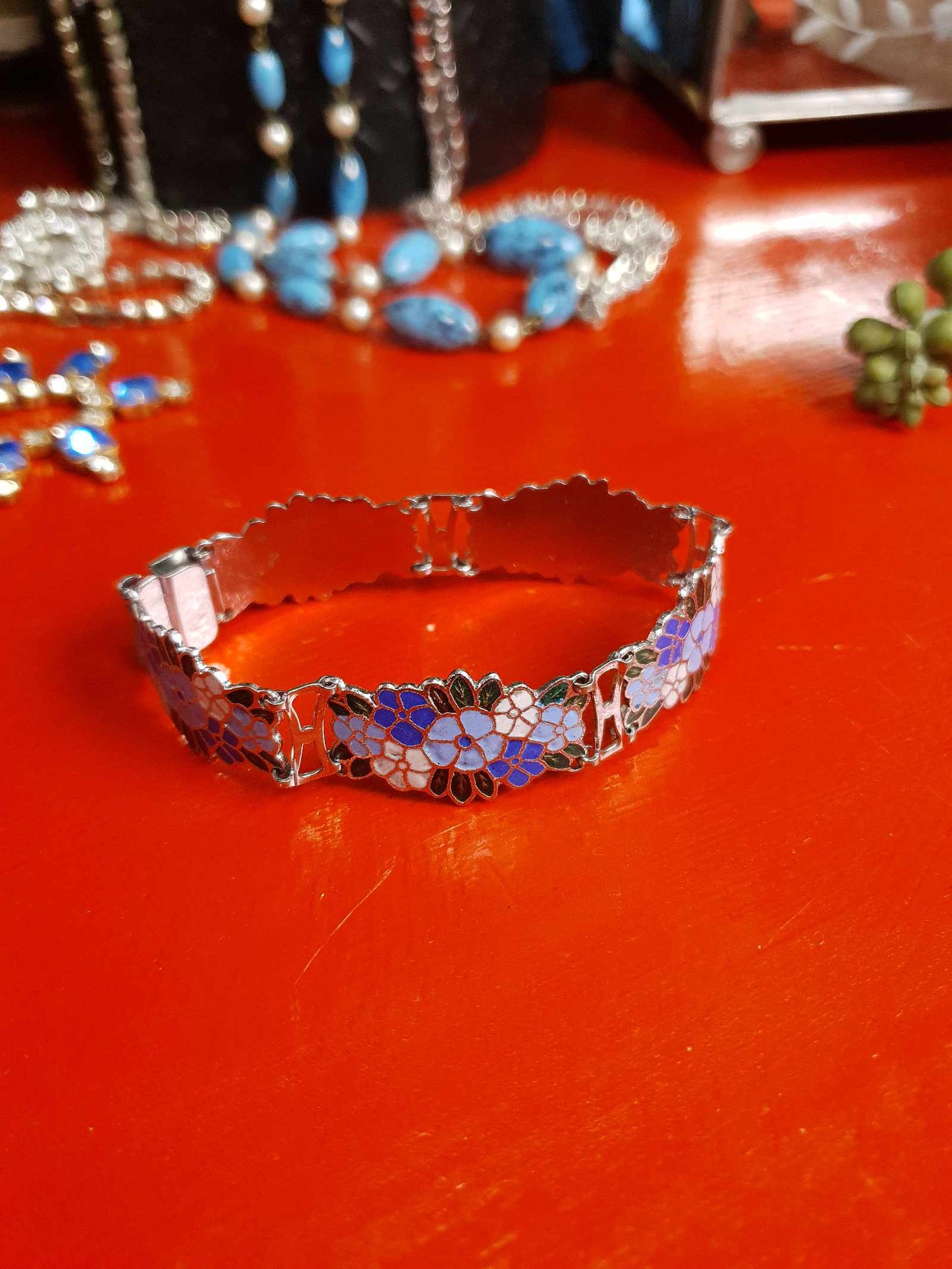 Vintage 1980s Blue Floral Cloisonne Bracelet Flower