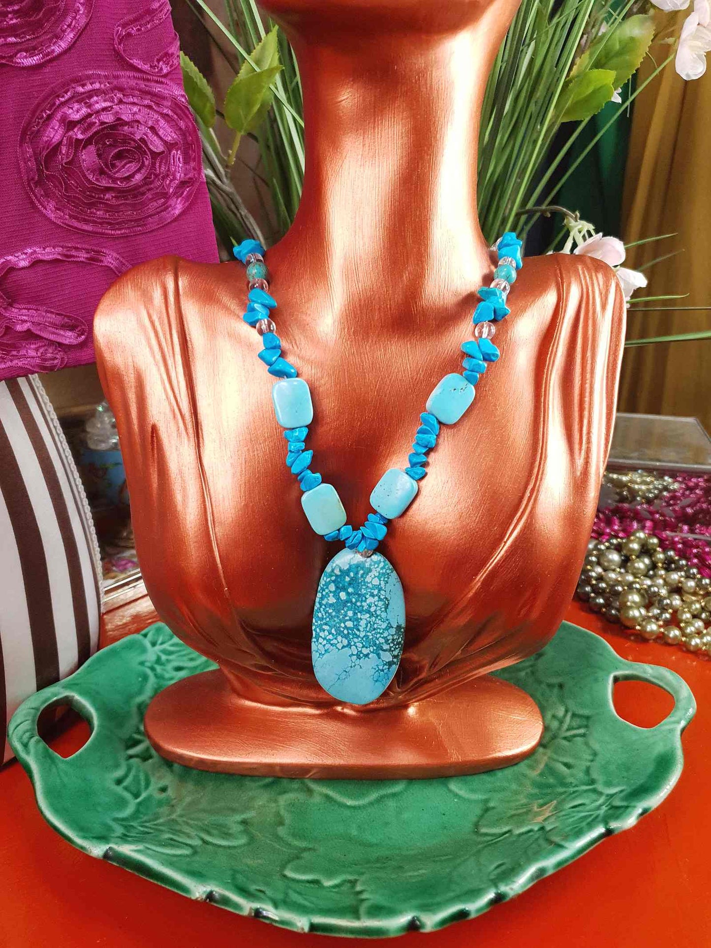 Vintage Turquoise Blue Ceramic Boho Glass Necklace Y2K