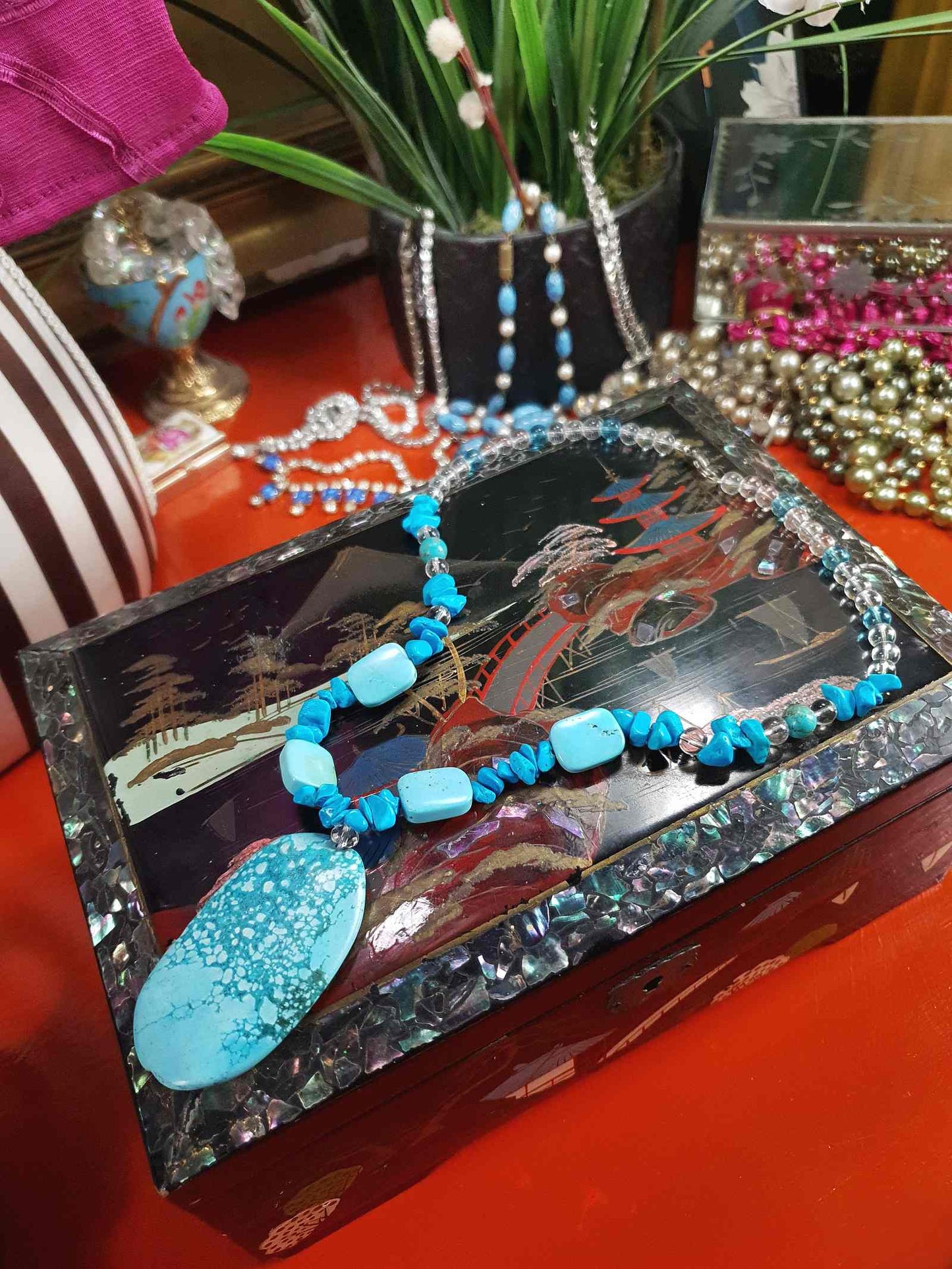 Vintage Turquoise Blue Ceramic Boho Glass Necklace Y2K