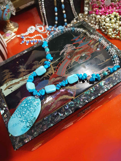 Vintage Turquoise Blue Ceramic Boho Glass Necklace Y2K