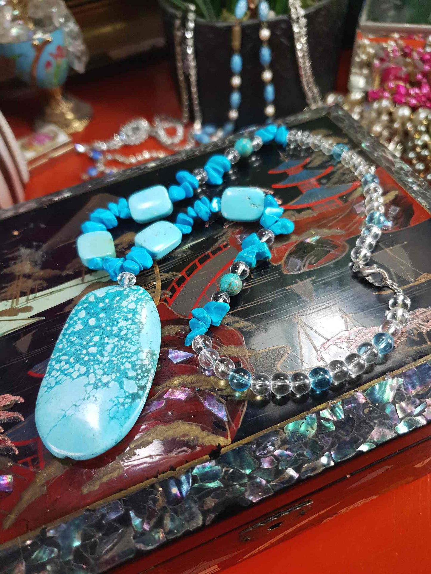 Vintage Turquoise Blue Ceramic Boho Glass Necklace Y2K