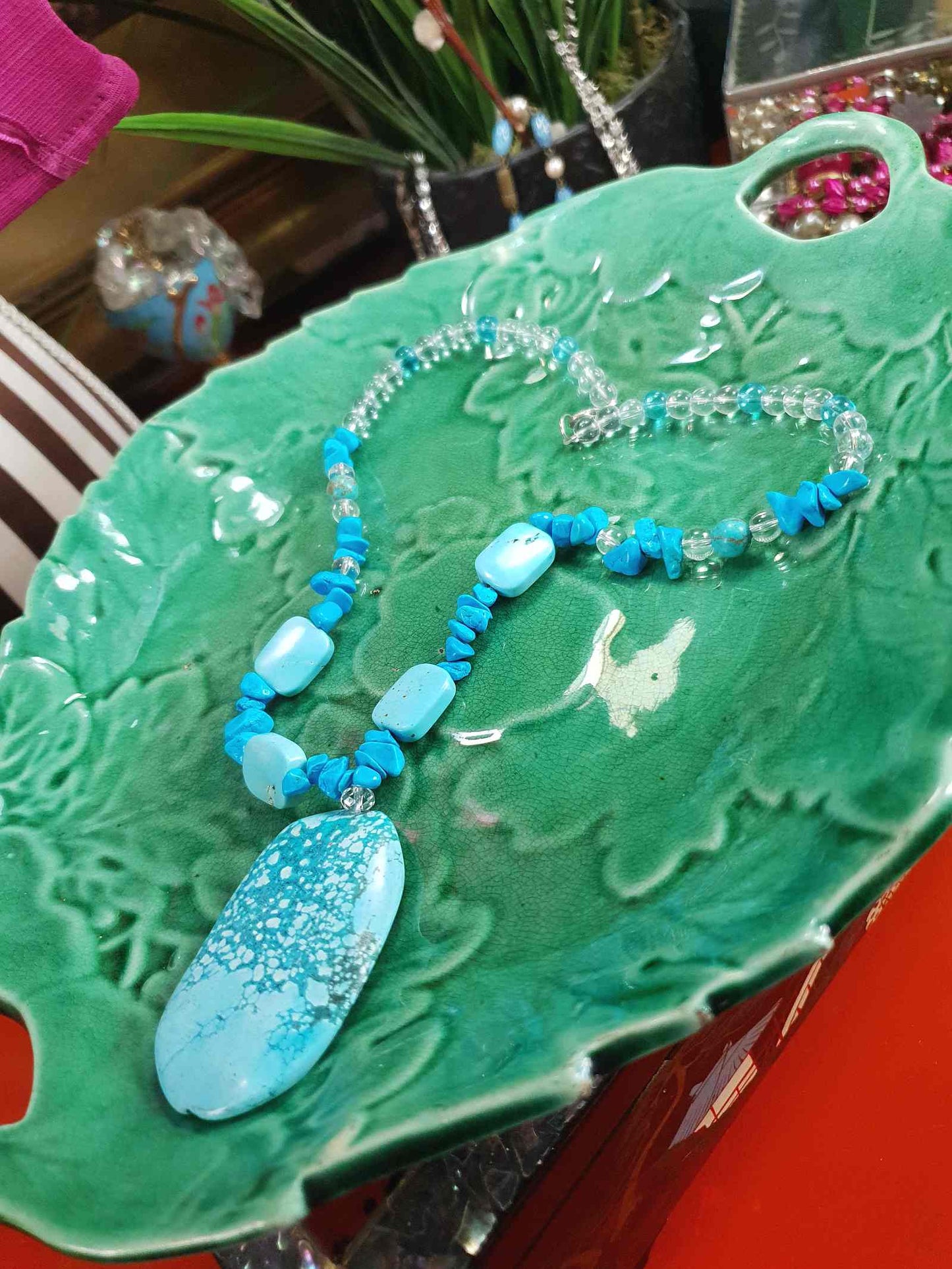 Vintage Turquoise Blue Ceramic Boho Glass Necklace Y2K